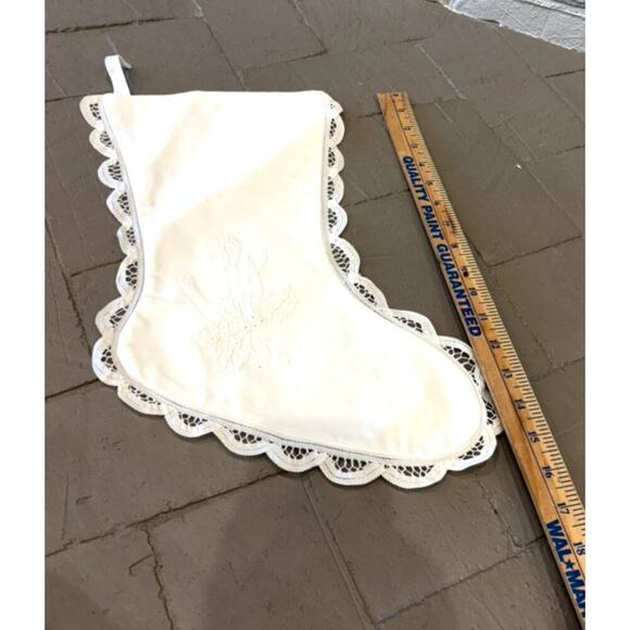 Christmas Battenberg Lace Stocking White Embroidered Victorian Old World Style - Picture 6 of 11